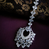 M058_Lovely designer  American diamond studded silver polished Maang tika with a touch of white stones.