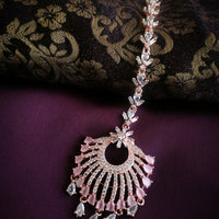 M049_Lovely designer  American diamond studded rose gold polished Maang tika with a touch of pink stones.