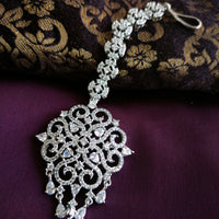 M052_Lovely designer  American diamond studded silver  polished Maang tika with a touch of white stones.