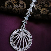 M031_Elegant circular design American diamond studded Maang tika with delicate stone work.