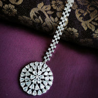 M051_Lovely designer  American diamond studded silver  polished Maang tika with a touch of white stones.