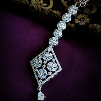 M038_Elegant diamond design American diamond studded Maang tika with delicate stone work.