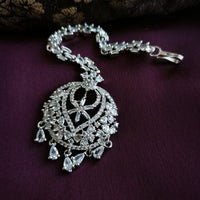 M034_Classy design American diamond studded Maang tika with delicate stone work.