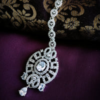 M037_Elegant designer American diamond studded Maang tika with delicate stone work.