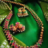N03024_Reversible classic matte gold polished long temple jewelry style crafted design gold plated necklace set embellished with ruby and green stones .