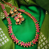 N03024_Reversible classic matte gold polished long temple jewelry style crafted design gold plated necklace set embellished with ruby and green stones .