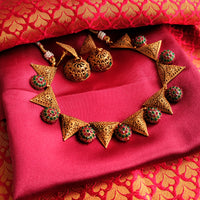 N0562_Classic Mangal sutra  jewelry style crafted design gold plated necklace set embellished with ruby and green stones .