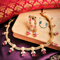 N01196_Elegant design Rose Gold Polished American Diamond choker necklace studded with beautiful dazzling stones with delicate pink work.
