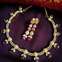N01196_Elegant design Rose Gold Polished American Diamond choker necklace studded with beautiful dazzling stones with delicate pink work.