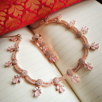 N01198_Elegant design Rose Gold Polished American Diamond choker necklace studded with beautiful dazzling stones with delicate pink work.