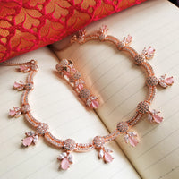 N01198_Elegant design Rose Gold Polished American Diamond choker necklace studded with beautiful dazzling stones with delicate pink work.
