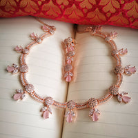 N01198_Elegant design Rose Gold Polished American Diamond choker necklace studded with beautiful dazzling stones with delicate pink work.