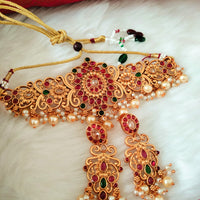 N03038_ classic matte gold polished temple jewelry choker style crafted design gold plated necklace set embellished with ruby and green stones .