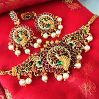 N03039_ classic matte gold polished temple jewelry choker style crafted design gold plated necklace set embellished with ruby and green stones .