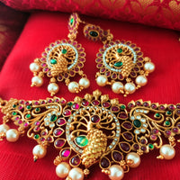 N03039_ classic matte gold polished temple jewelry choker style crafted design gold plated necklace set embellished with ruby and green stones .