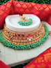 N03046_Bridal Rama green/ Sea Green Gorgeous designer gold polished mirror work embellished necklace set with one short & one long designer necklace set, grand earring and maangtika