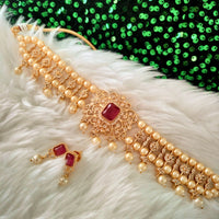 N03041_ classic matte gold polished temple jewelry choker style crafted design gold plated necklace set embellished with ruby and green stones .