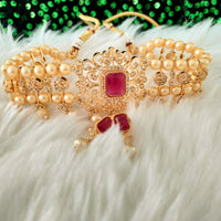 N03041_ classic matte gold polished temple jewelry choker style crafted design gold plated necklace set embellished with ruby and green stones .