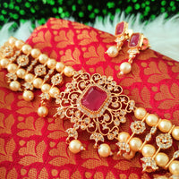 N03041_ classic matte gold polished temple jewelry choker style crafted design gold plated necklace set embellished with ruby and green stones .