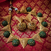 N03051_ Grand classic matte gold polished temple jewelry choker style crafted design gold plated necklace set embellished with white stones .
