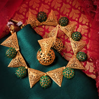 N03051_ Grand classic matte gold polished temple jewelry choker style crafted design gold plated necklace set embellished with white stones .