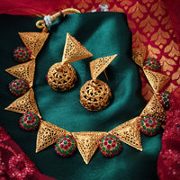 N03053_ Grand classic matte gold polished temple jewelry choker style crafted design gold plated necklace set embellished with multi stones .