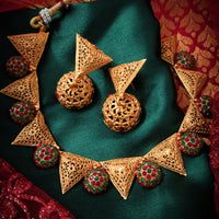 N03053_ Grand classic matte gold polished temple jewelry choker style crafted design gold plated necklace set embellished with multi stones .
