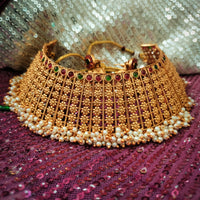 N03061_ Grand classic matte gold polished temple jewelry choker style crafted design gold plated necklace set embellished with ruby and green stones .