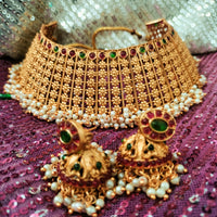 N03061_ Grand classic matte gold polished temple jewelry choker style crafted design gold plated necklace set embellished with ruby and green stones .