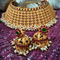 N03061_ Grand classic matte gold polished temple jewelry choker style crafted design gold plated necklace set embellished with ruby and green stones .