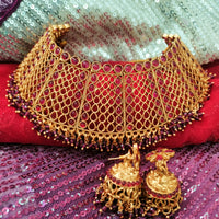 N03063_ Grand classic matte gold polished temple jewelry choker style crafted design gold plated necklace set embellished with red stones .