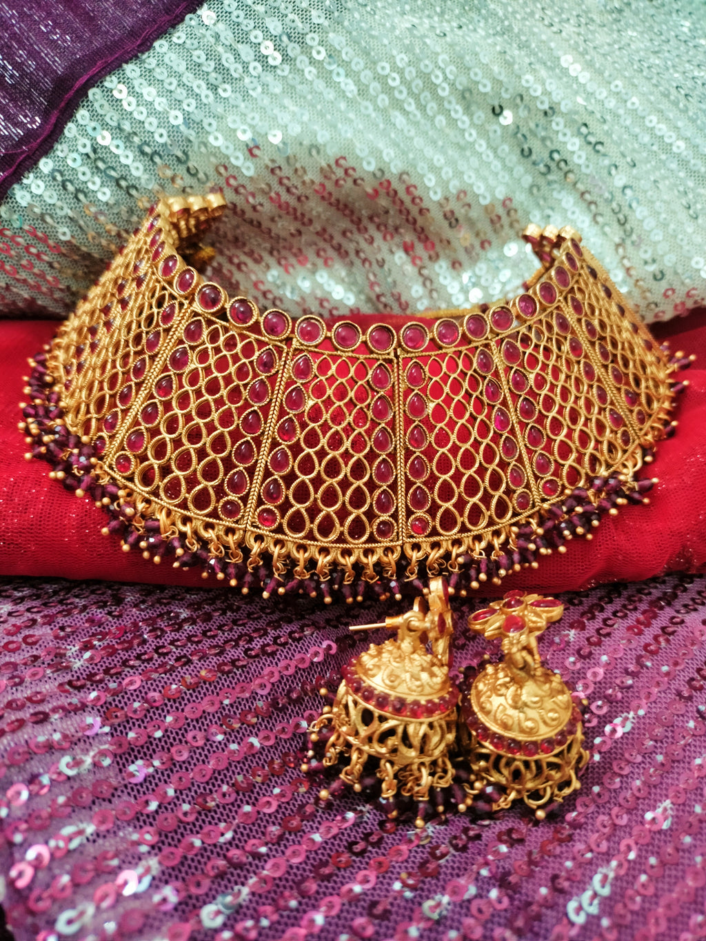 Alora Red Colored Designer Necklace Set | Mirana