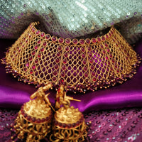 N03063_ Grand classic matte gold polished temple jewelry choker style crafted design gold plated necklace set embellished with red stones .