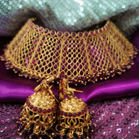 N03063_ Grand classic matte gold polished temple jewelry choker style crafted design gold plated necklace set embellished with red stones .