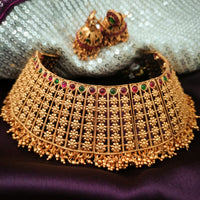 N03064_ Grand classic matte gold polished temple jewelry choker style crafted design gold plated necklace set embellished with multicolor stones .