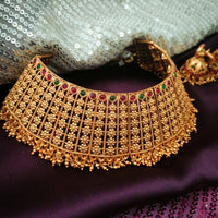 N03064_ Grand classic matte gold polished temple jewelry choker style crafted design gold plated necklace set embellished with multicolor stones .