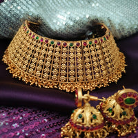 N03064_ Grand classic matte gold polished temple jewelry choker style crafted design gold plated necklace set embellished with multicolor stones .