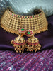 N03064_ Grand classic matte gold polished temple jewelry choker style crafted design gold plated necklace set embellished with multicolor stones .