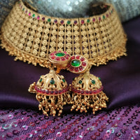 N03064_ Grand classic matte gold polished temple jewelry choker style crafted design gold plated necklace set embellished with multicolor stones .