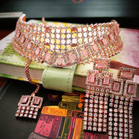 N0573_Lovely designer rose gold choker necklace embellished with american diamond stones with a touch of pink color stone work.