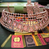 N0573_Lovely designer rose gold choker necklace embellished with american diamond stones with a touch of pink color stone work.