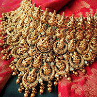 N03065_Grand Choker classic matte gold polished temple jewelry style crafted design gold plated necklace set embellished with ruby and green stones .