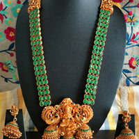 N03070_ Grand classic matte gold polished temple jewelry choker style and Long Haram crafted design gold plated necklace set embellished with ruby and green stones .