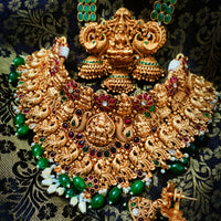 N03074_ Grand classic matte gold polished temple jewelry Long Haram & grand choker crafted design gold plated necklace set embellished with green stones .