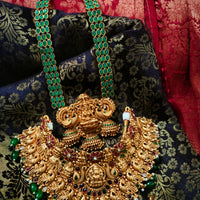 N03074_ Grand classic matte gold polished temple jewelry Long Haram & grand choker crafted design gold plated necklace set embellished with green stones .