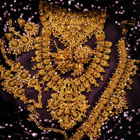 N03072_ Grand classic matte gold polished Complete Bridal temple jewelry choker style and Long Haram crafted design gold plated necklace set embellished with ruby and green stones .