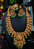N03068_ Grand classic matte gold polished temple jewelry choker style and Long Haram crafted design gold plated necklace set embellished with ruby and green stones .
