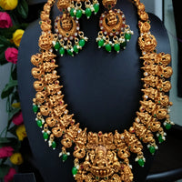 N03068_ Grand classic matte gold polished temple jewelry choker style and Long Haram crafted design gold plated necklace set embellished with ruby and green stones .