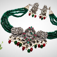 N0100_Classy Matte Silver Oxidized crafted choker Necklace with delicate work of Emerald Green crystals