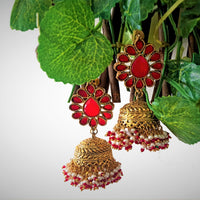 E0110_Gorgeous Meenakari jumka studded with semi precious red stones and small beads.